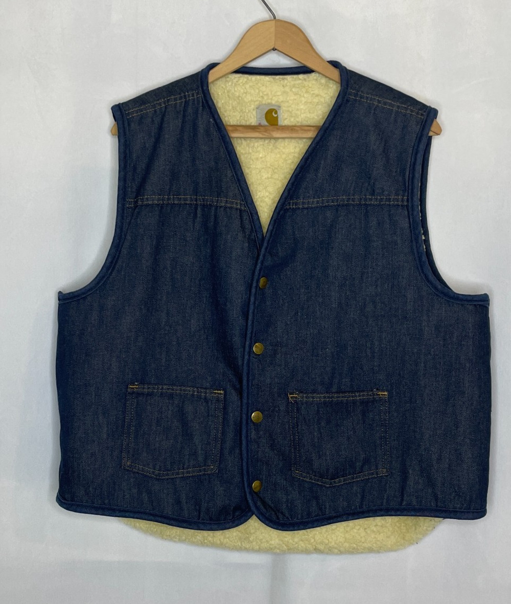Men's XL Vtg 80s Carhartt Denim Vest Blue Jeans Sherpa Lined Made In USA